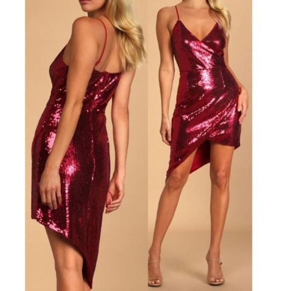 Lulu's Women's Bodycon Cocktail Dress Lined Sequin Asymmetrical Wine Red Small - Picture 1 of 4